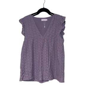 Pink Lily Boho Eyelet Babydoll Top Womens Large Lavender Cotton Blend